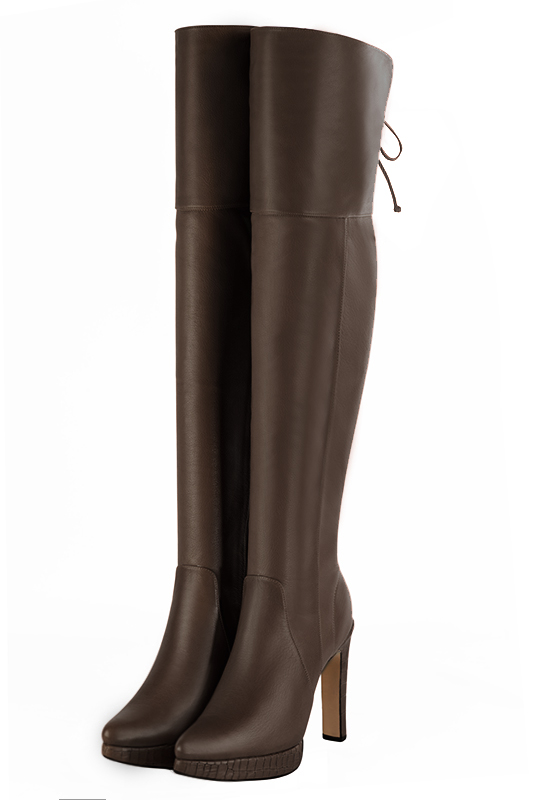 Dark brown women's leather thigh-high boots. Tapered toe. Very high slim heel with a platform at the front. Made to measure. Front view - Florence KOOIJMAN